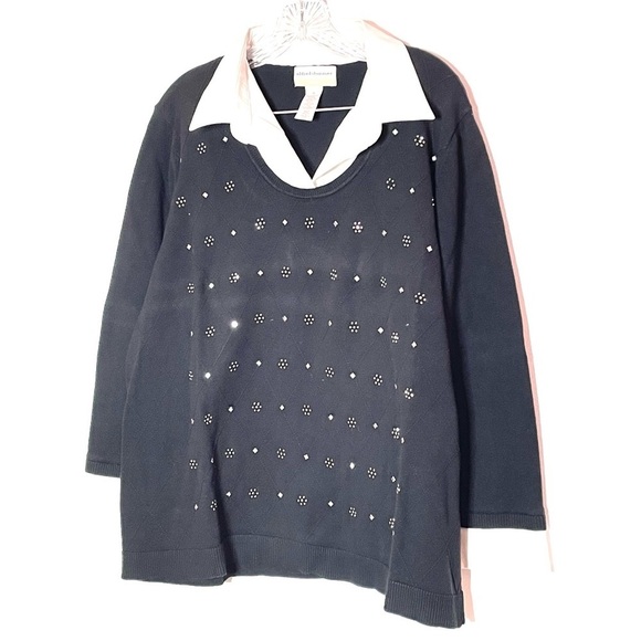 Alfred Dunner "Madison Avenue" Black Collared Embellished Diamond Sweater Top 2X - Picture 3 of 8
